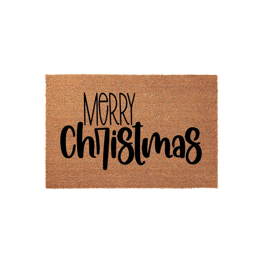 Merry Christmas coir doormat featuring a natural brown fiber texture and bold black typography, providing a festive and welcoming touch to your front porch decor during the holiday season on a clean white background.
