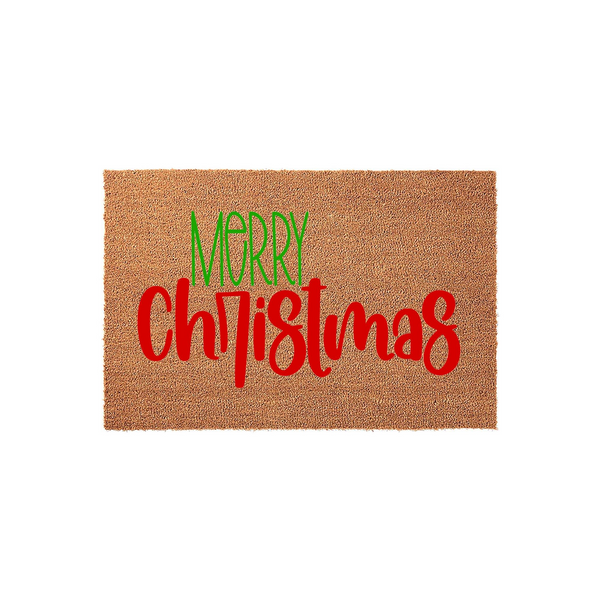 Merry Christmas coir doormat featuring a natural brown fiber texture with the word Merry in green and Christmas in red script lettering, providing a festive holiday welcome for your front porch entrance during the winter season.