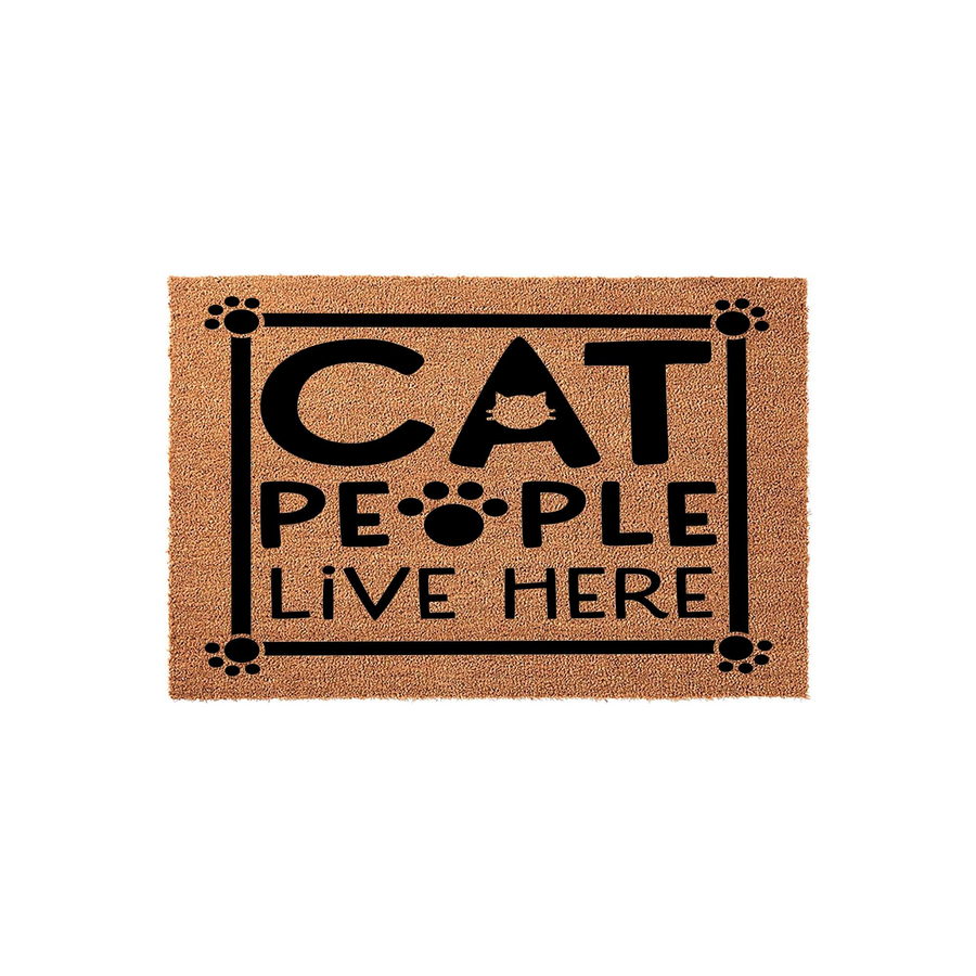Cat People Live Here coir doormat featuring a playful black text design with paw print accents and a cat silhouette, set against a natural brown fiber background to welcome guests to a home filled with feline love and personality.