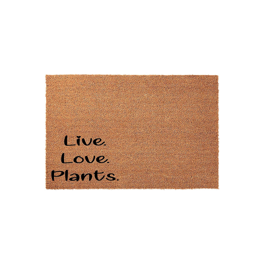 Live Love Plants coir doormat featuring a natural brown fiber texture and bold black lettering, making it a charming outdoor welcome mat for any gardener or houseplant enthusiast looking to decorate their front porch entryway.