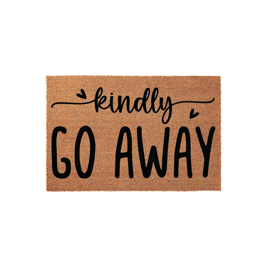 Kindly Go Away coir doormat featuring a natural brown coconut fiber texture with bold black lettering and small heart accents, providing a humorous and welcoming touch to your front porch decor for guests arriving at your home.
