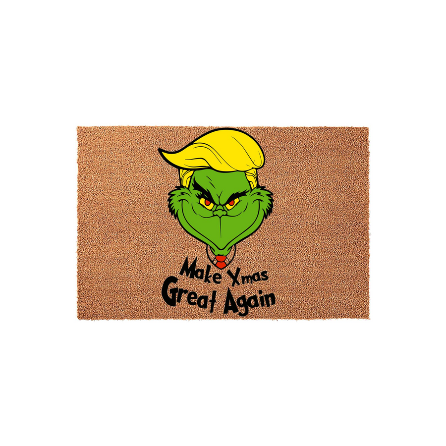 Make Xmas Great Again Grinch doormat featuring a humorous illustration of a green character with yellow hair and a red tie, printed on a natural brown coir fiber mat for a festive and funny holiday home entrance decoration.