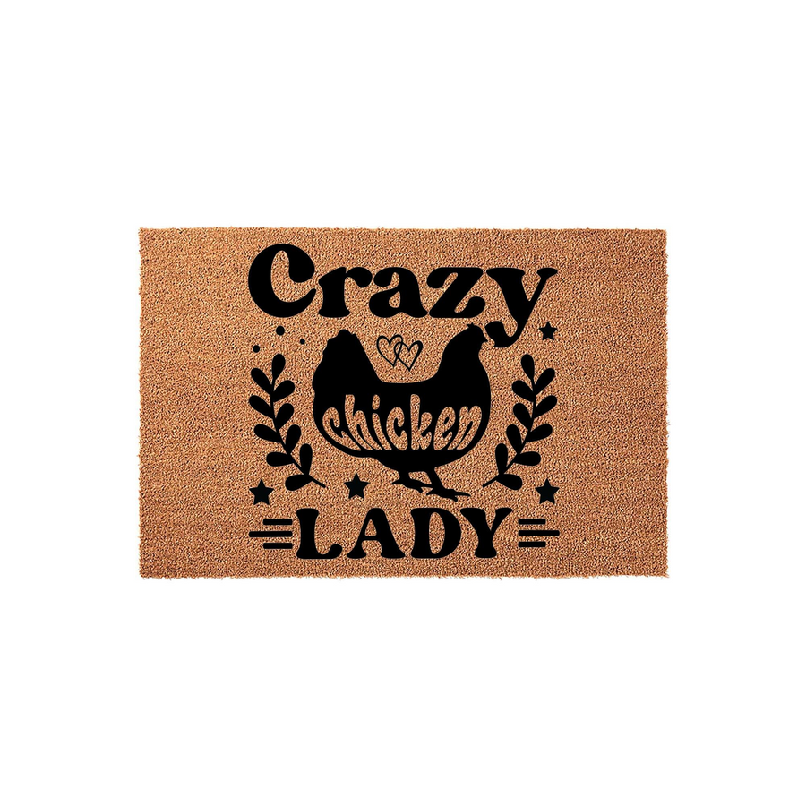 Crazy Chicken Lady coir doormat featuring a black silhouette of a hen with heart accents, surrounded by decorative leaves and stars on a natural brown fiber background, perfect for a farmhouse porch or a fun home entrance decor.