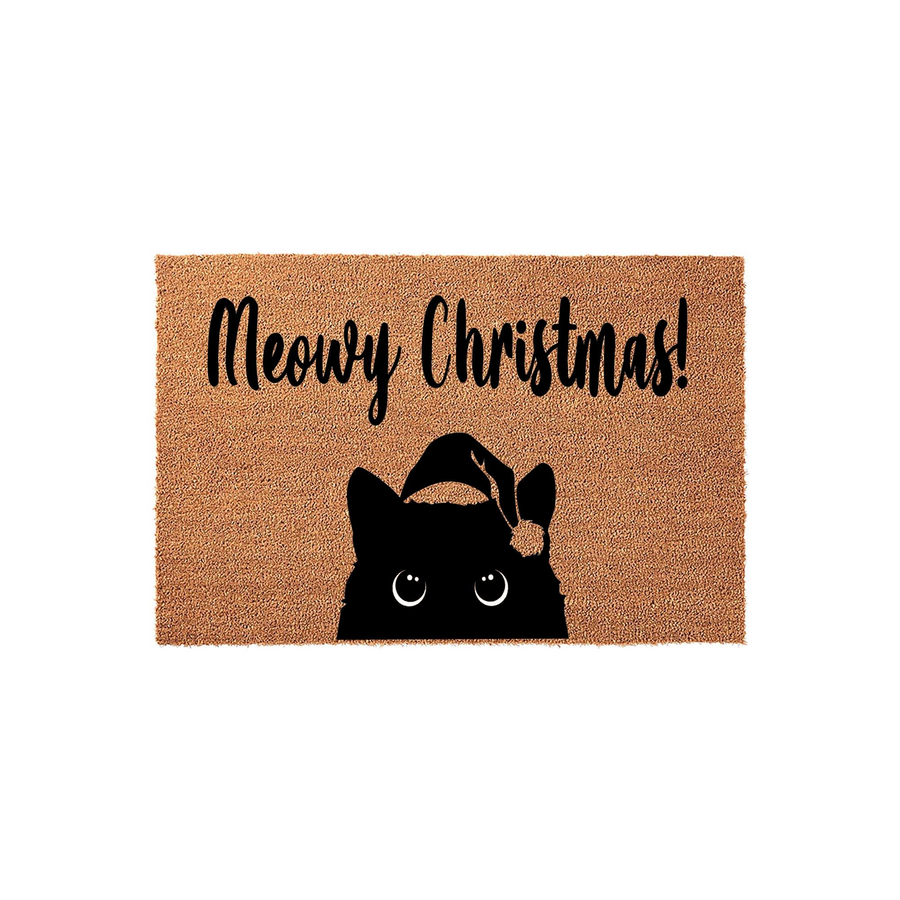 Meowy Christmas cat doormat featuring a black cat silhouette wearing a festive Santa hat on a natural coir background, making this a fun holiday entryway rug for any cat lover looking to decorate their home for the winter season.