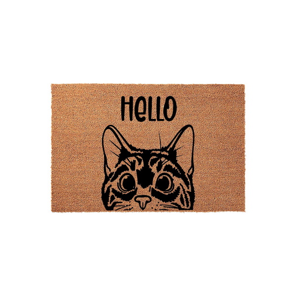 Hello Cat Coir Doormat featuring a cute black line-art illustration of a curious cat peeking over the bottom edge, set against a natural brown textured coconut fiber background for a charming entryway decor accent.