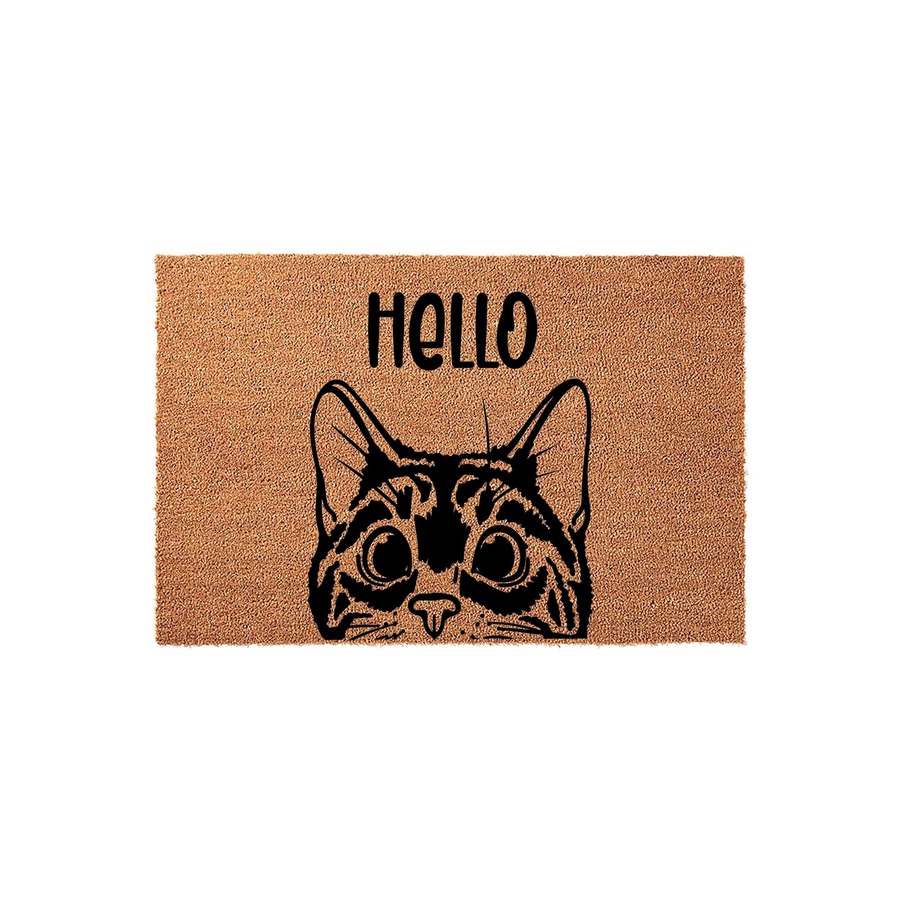 Hello Cat Coir Doormat featuring a cute black line-art illustration of a curious cat peeking over the bottom edge, set against a natural brown textured coconut fiber background for a charming entryway decor accent.