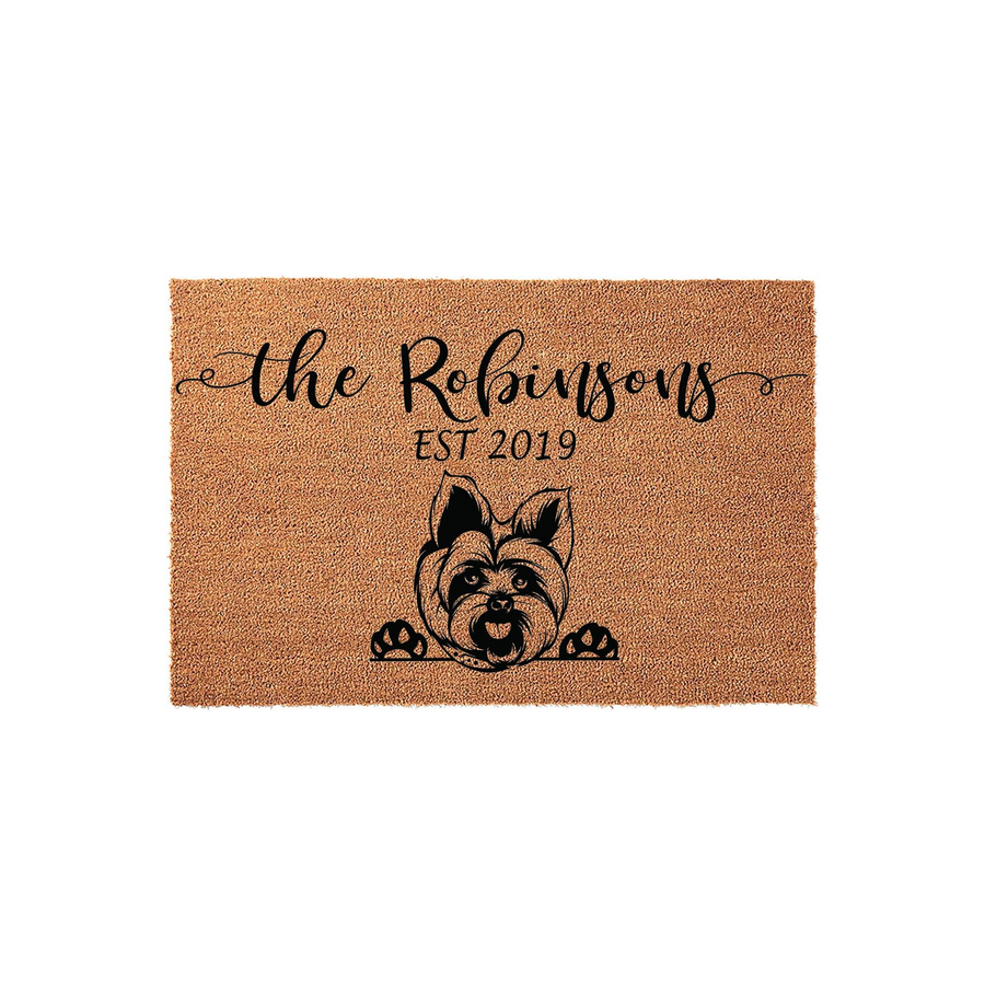 Personalized Yorkshire Terrier doormat featuring a cute dog illustration, custom family name text, and established year on a natural coir fiber mat, creating a welcoming entrance for any dog-loving home with a rustic, durable