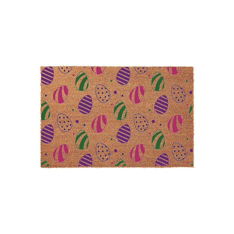 Easter Egg Pattern Coir Doormat featuring a natural brown fiber texture decorated with a repeating print of colorful purple, green, and blue polka-dot and striped eggs, creating a festive spring welcome for your front porch