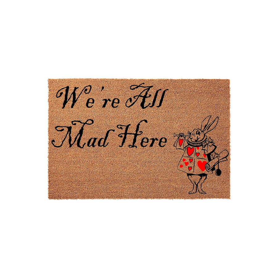 Alice in Wonderland We Are All Mad Here doormat featuring a natural coir texture and a whimsical illustration of the White Rabbit wearing a heart-patterned coat, set against a clean white background for a fun entryway decor