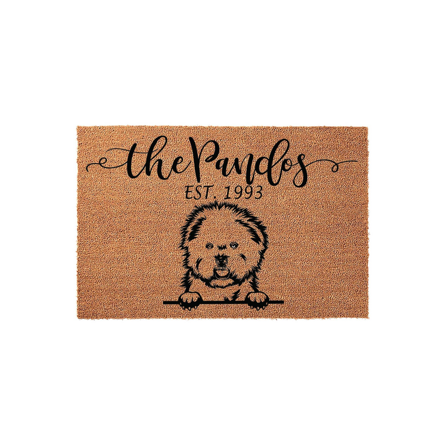 Personalized Bichon Frise doormat featuring a cute illustrated dog peeking over a line, customized with a family name and established year on a natural coir fiber background for a welcoming front porch entrance.