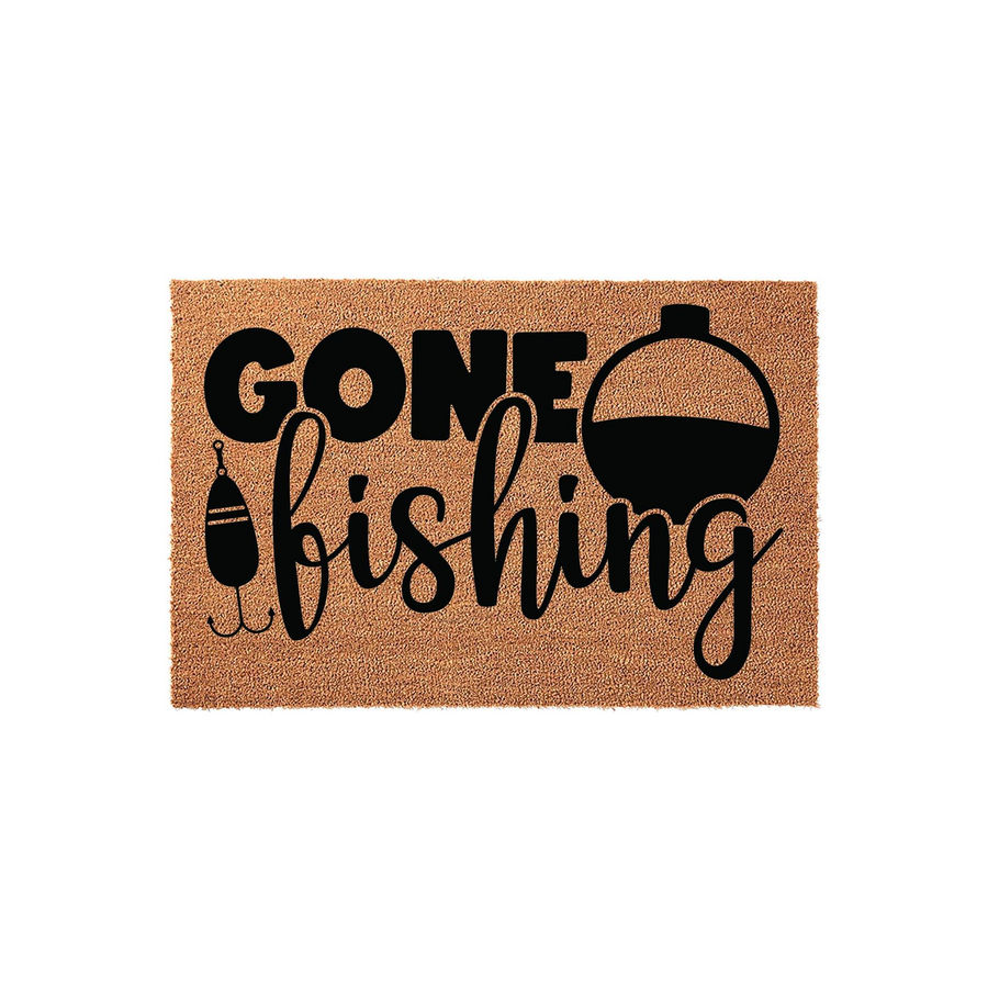 Gone Fishing coir doormat featuring a natural brown fiber texture with black printed text and fishing gear graphics, including a bobber and a hook, creating a fun outdoor theme for a front porch or entryway decor for any fishing