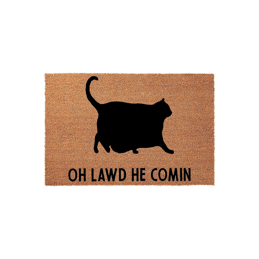 Funny Cat Doormat featuring a silhouette of a round, chubby cat and the text Oh Lawd He Comin printed in black on a natural brown coir fiber background, making a humorous welcome mat for any cat lover's front porch or entryway