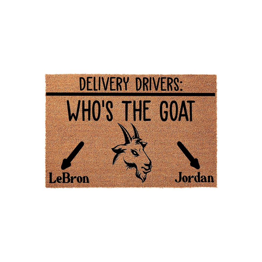 Funny Basketball Goat Doormat featuring a natural coir texture with black text asking delivery drivers who is the goat, with arrows pointing toward LeBron and Jordan to settle the debate for sports fans at their front door