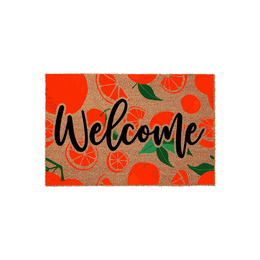 Citrus Welcome Doormat featuring a vibrant orange and green fruit pattern on a natural coir background, with the word Welcome written in a bold black script font across the center of this durable outdoor entryway floor mat.