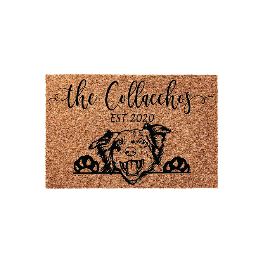 Personalized Border Collie doormat featuring a cute dog peeking over the edge with its paws, customized with a family name and established year on a natural coir fiber mat that adds a welcoming touch to any front porch entryway.