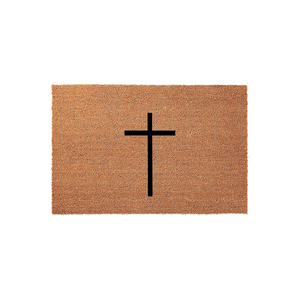 Religious Cross Coir Doormat featuring a simple black Christian cross design centered on a natural brown coconut fiber mat, providing a welcoming and faith-inspired entrance for your home porch or front door entryway decor.