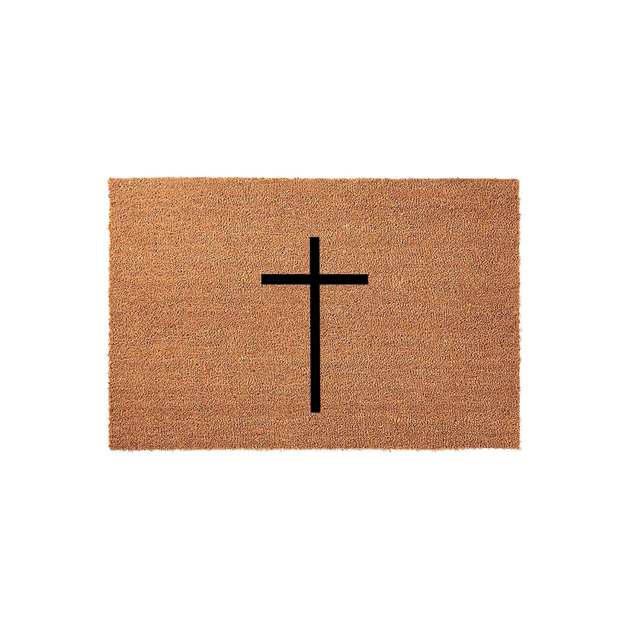 Religious Cross Coir Doormat featuring a simple black Christian cross design centered on a natural brown coconut fiber mat, providing a welcoming and faith-inspired entrance for your home porch or front door entryway decor.