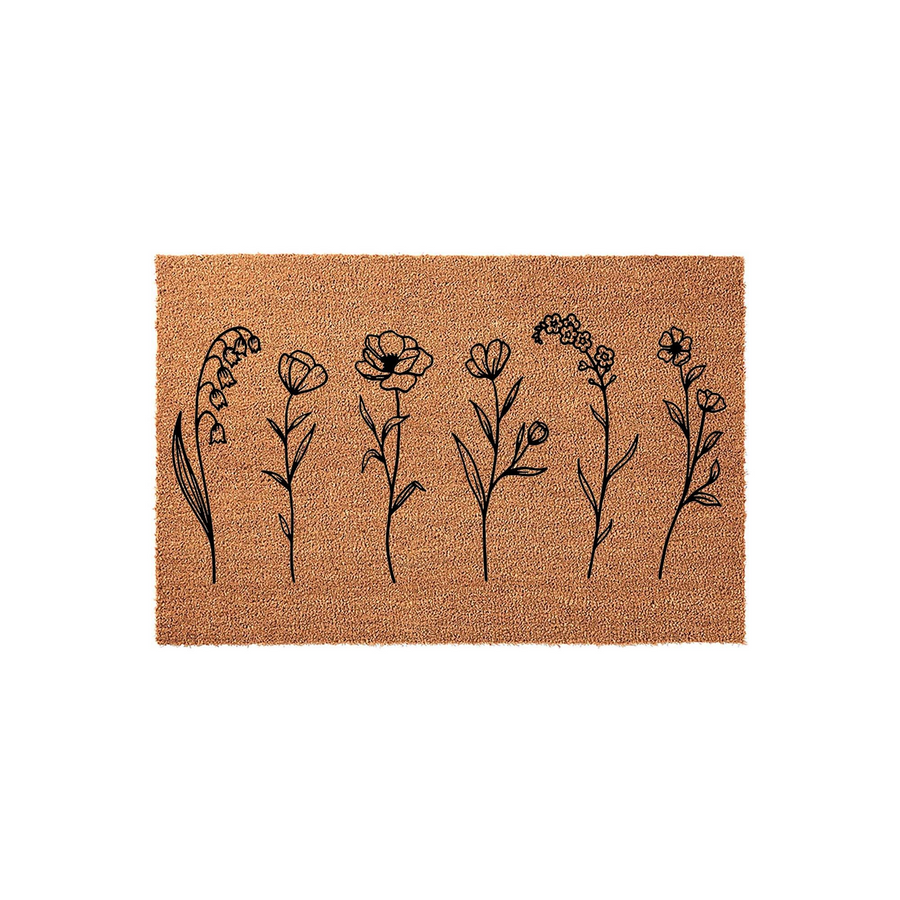 Wildflower Coir Doormat featuring a minimalist black line art design of six different botanical stems printed on a natural brown textured coconut fiber surface, creating a charming and rustic entryway decor piece for any home.