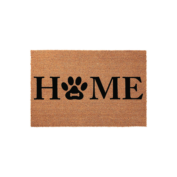 Dog Paw Print Home Coir Doormat featuring a natural tan fiber texture with bold black lettering that replaces the letter O with a cute paw print design, creating a welcoming entrance for any pet lover's front porch or entryway