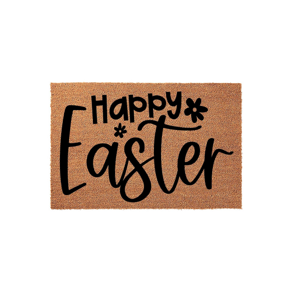 Happy Easter coir doormat featuring a natural brown fiber texture with bold black script lettering and a small flower accent, providing a festive and welcoming spring decoration for your front porch entryway during the holiday