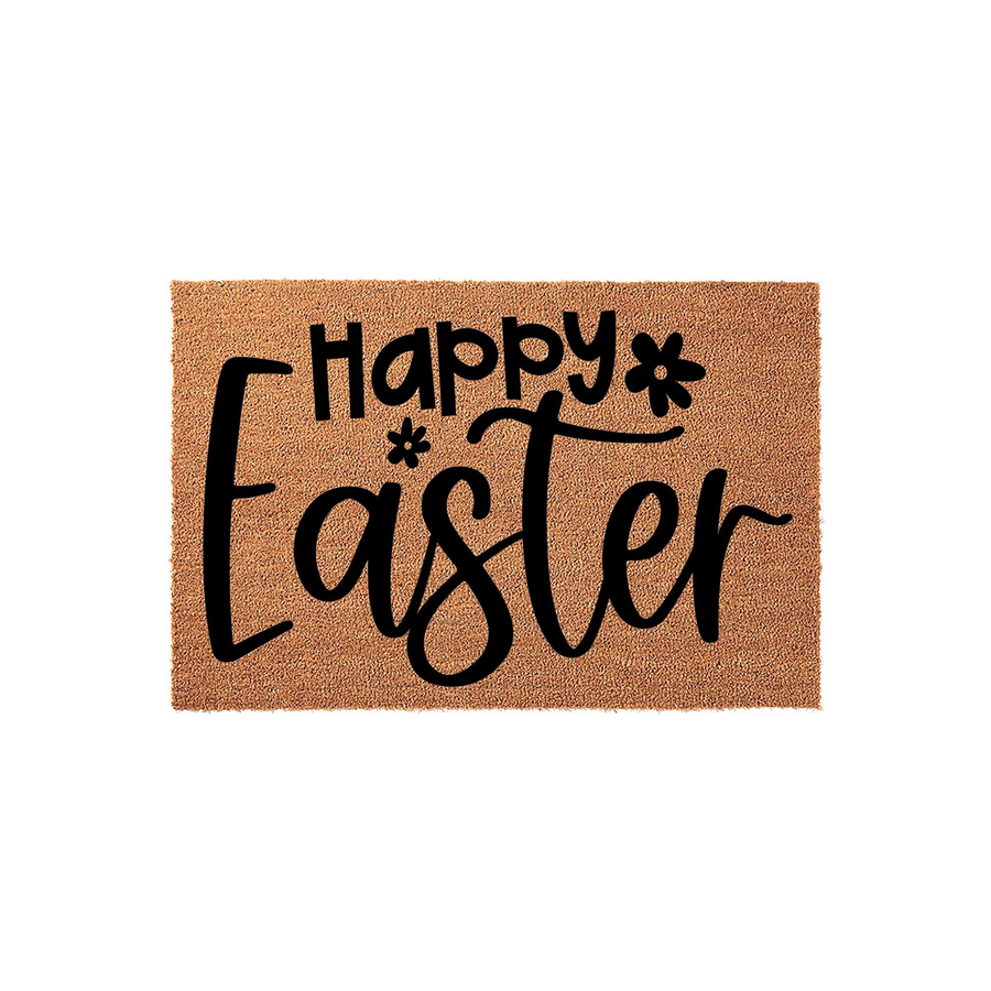 Happy Easter coir doormat featuring a natural brown fiber texture with bold black script lettering and a small flower accent, providing a festive and welcoming spring decoration for your front porch entryway during the holiday