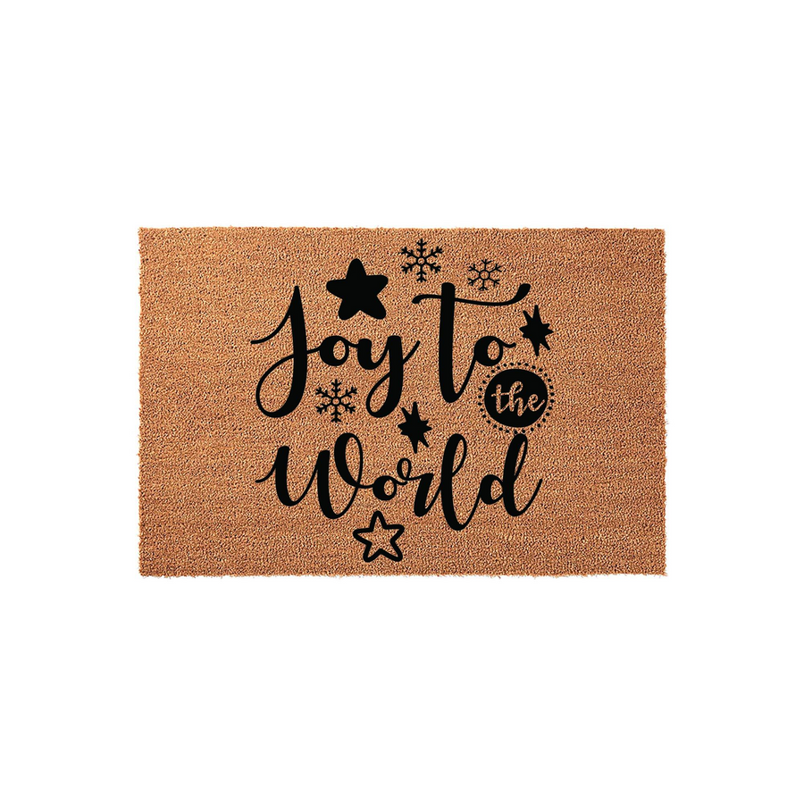 Joy to the World Christmas doormat made of natural coir fiber, featuring black script lettering and festive star and snowflake accents on a plain white background, perfect for a holiday entryway or front porch decor.