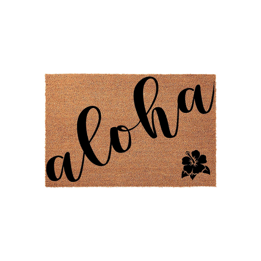 Aloha tropical coir doormat featuring a natural brown coconut fiber texture with the word aloha written in elegant black script lettering and a small hibiscus flower icon in the bottom right corner on a clean white background.