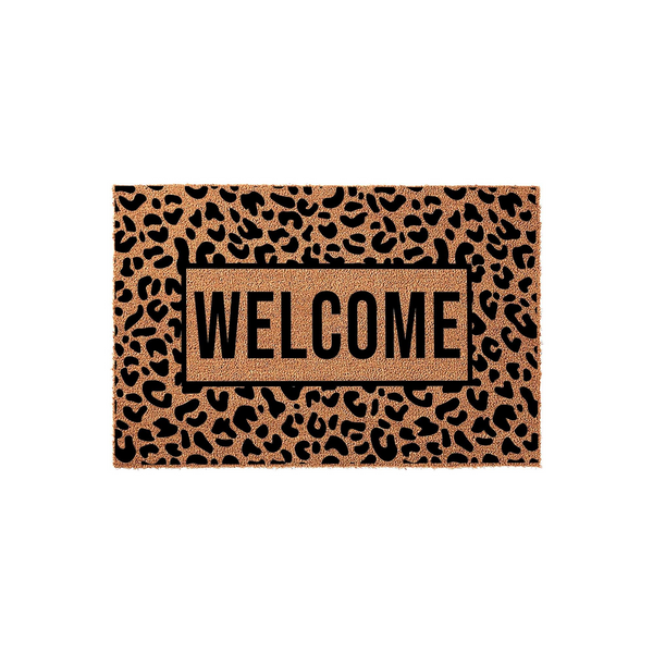 Leopard Print Welcome Doormat featuring a bold animal pattern on a natural coir texture, with the word Welcome printed in large black block letters inside a central rectangular frame for a stylish front porch entryway decor