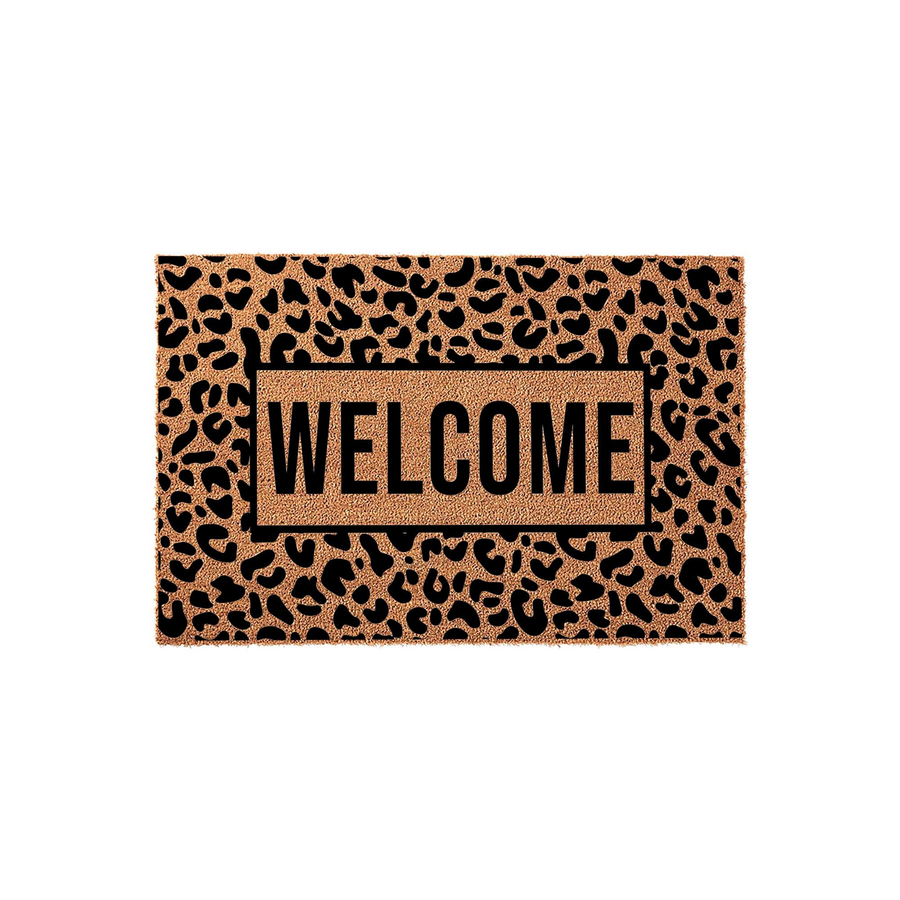 Leopard Print Welcome Doormat featuring a bold animal pattern on a natural coir texture, with the word Welcome printed in large black block letters inside a central rectangular frame for a stylish front porch entryway decor