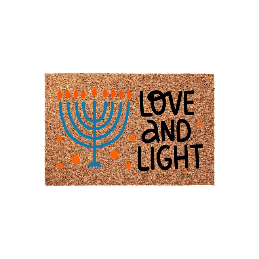 Hanukkah Love and Light Doormat featuring a blue menorah with orange flames and scattered stars printed on a natural coir fiber mat, creating a festive holiday entryway decor piece for your home during the winter season.