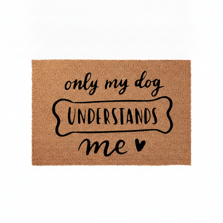 Only My Dog Understands Me doormat made of natural coir fiber with a black printed design featuring a dog bone graphic and a small heart, set against a clean white background for a simple and rustic home entryway decor style.