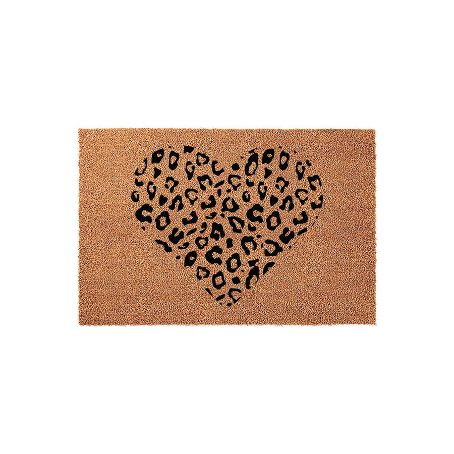 Leopard Print Heart Coir Doormat featuring a natural tan fiber texture with a bold black animal print heart design centered on the mat, creating a stylish and modern entryway accent for your home decor on a clean white background.