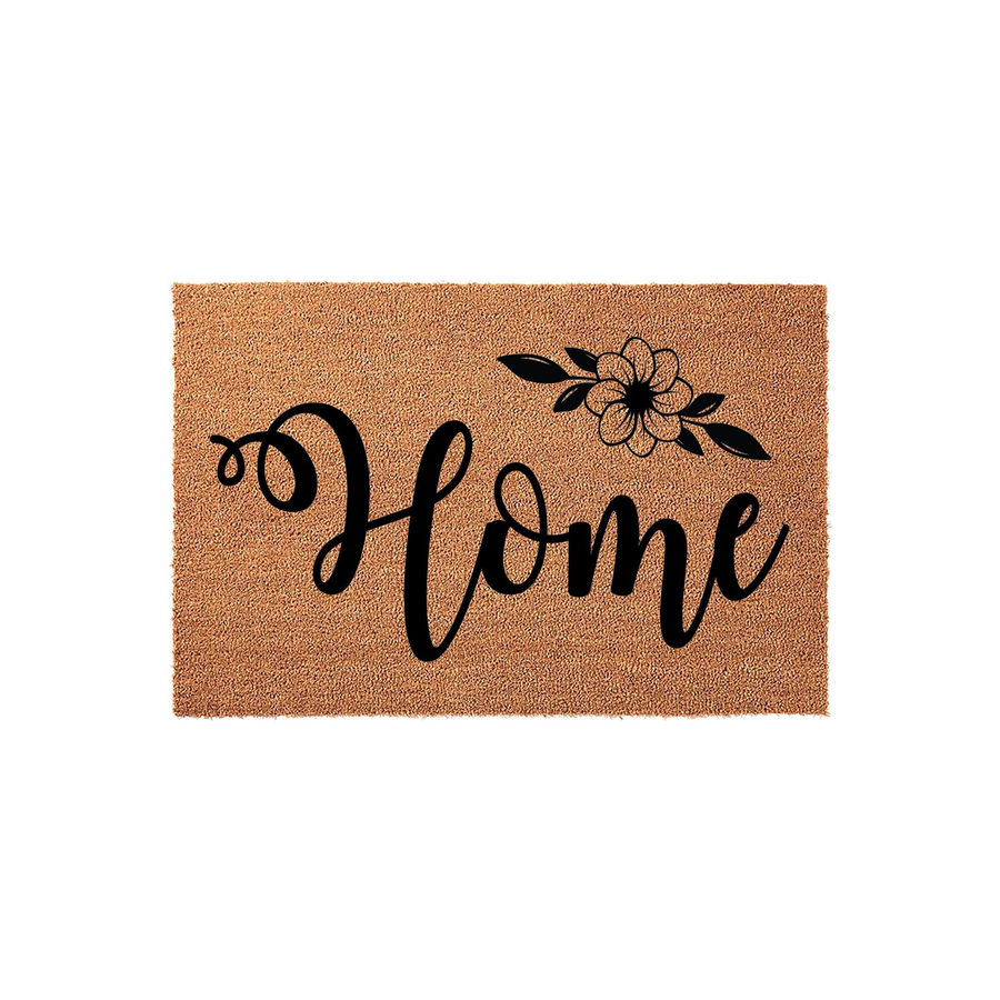 Floral Home Coir Doormat featuring a natural brown fiber texture with the word Home written in a black cursive script, accented by a delicate hand-drawn flower illustration on a clean white background for a modern farmhouse