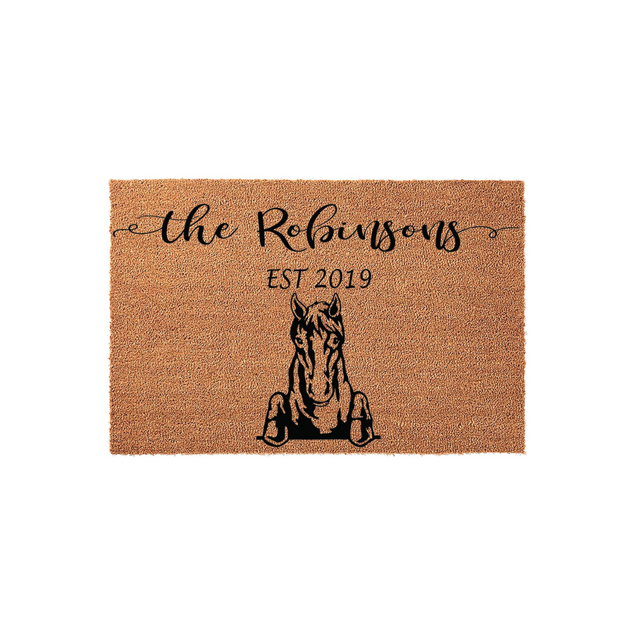 Personalized Horse Family Name Doormat featuring a natural coir texture with a black printed illustration of a horse peeking over the bottom edge, customized with a family name and established year on a clean white background.