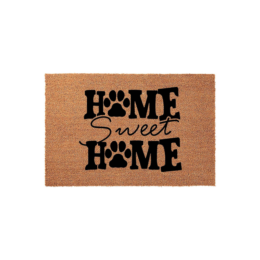 Home Sweet Home paw print coir doormat featuring a natural tan fiber texture and bold black lettering, with the letter O replaced by a dog paw print design to create a charming entryway accent for any pet lover's front porch or