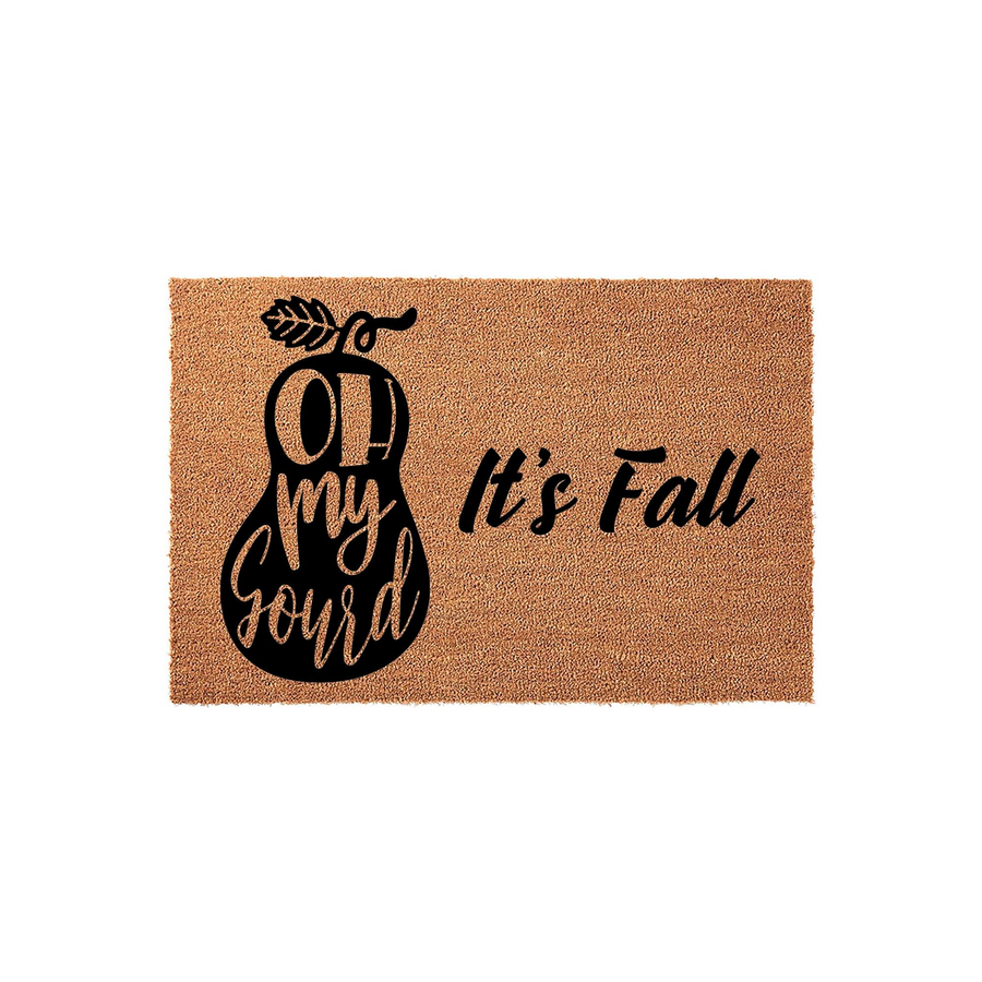 Oh My Gourd It is Fall coir doormat featuring a black printed pumpkin graphic with whimsical typography on a natural brown textured fiber background, creating a festive autumn entryway decoration for your front porch decor.