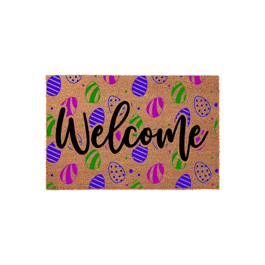 Easter Egg Welcome Doormat featuring a natural coir texture background decorated with a colorful pattern of purple, green, and blue patterned Easter eggs, centered with the word Welcome written in a bold, black, elegant script