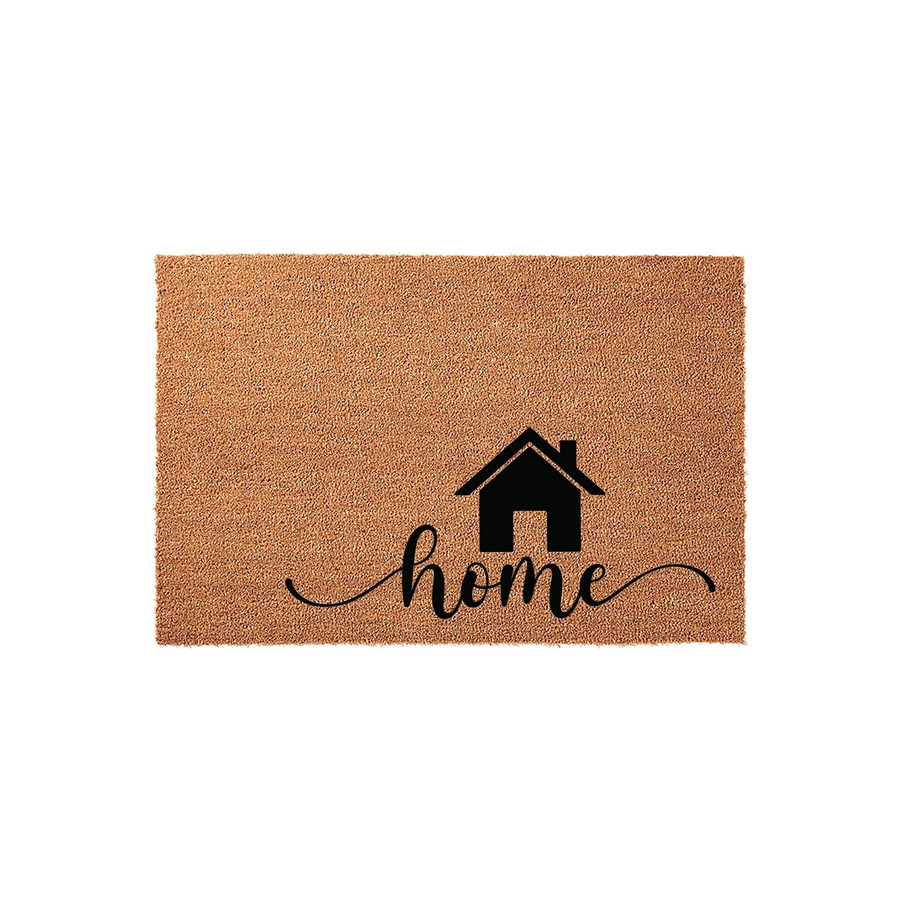 Home Sweet Home coir doormat featuring a minimalist black house icon and elegant cursive script text centered on a natural tan fiber background, creating a welcoming entryway decor piece for any front porch or housewarming