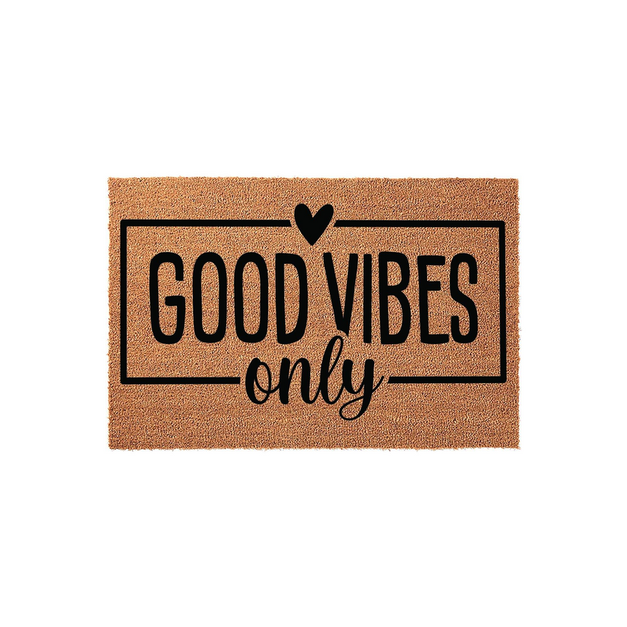 Good Vibes Only coir doormat featuring a rectangular black frame and a small heart icon centered above the text, set against a clean white background to highlight the natural tan texture of the durable outdoor welcome mat