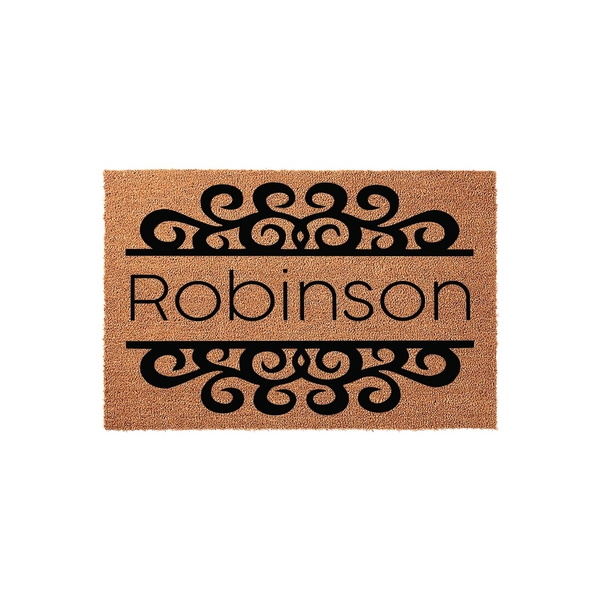 Personalized family name coir doormat featuring a classic black scrollwork design above and below the custom text, set against a natural tan textured fiber background for a welcoming front porch entrance that highlights your home