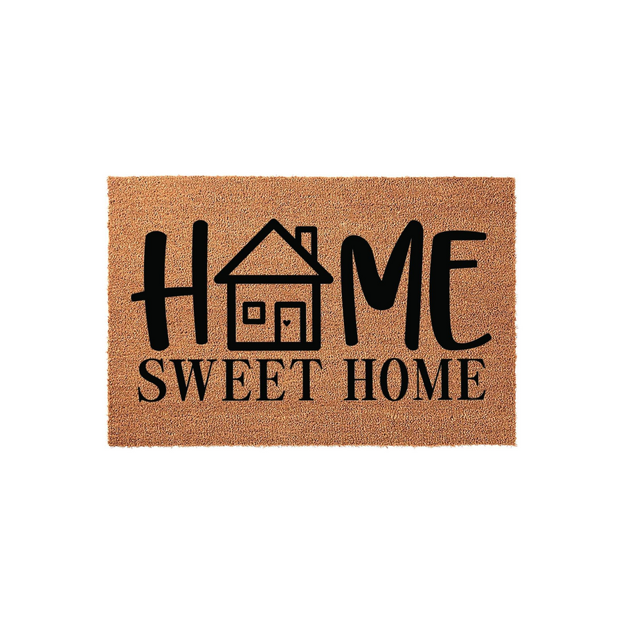 Home Sweet Home coir doormat featuring a rustic house icon replacing the letter O in the word home, printed in bold black ink on a natural brown textured fiber background to create a welcoming entrance for any front porch or