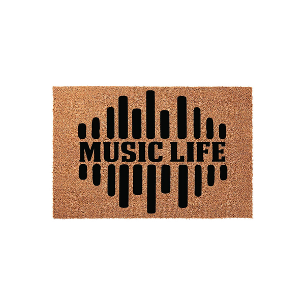 Music Life coir doormat featuring a bold black sound wave graphic printed on a natural tan fiber background, creating a stylish entryway accent for any musician or music lover looking to decorate their home with a fun musical