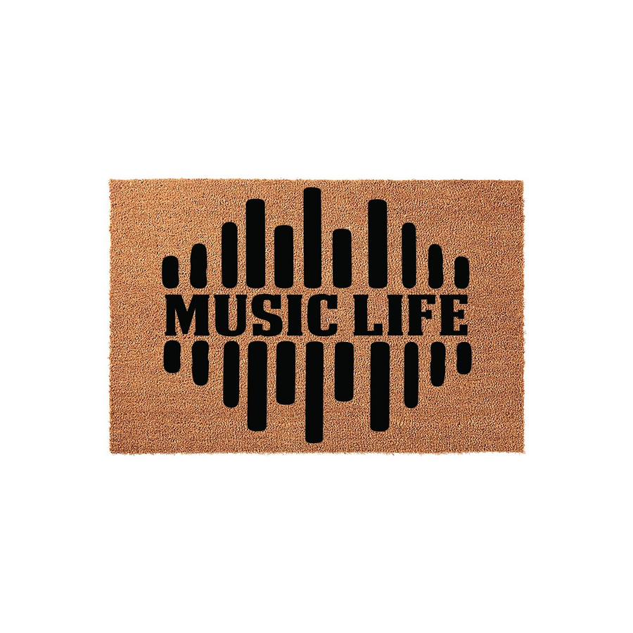 Music Life coir doormat featuring a bold black sound wave graphic printed on a natural tan fiber background, creating a stylish entryway accent for any musician or music lover looking to decorate their home with a fun musical