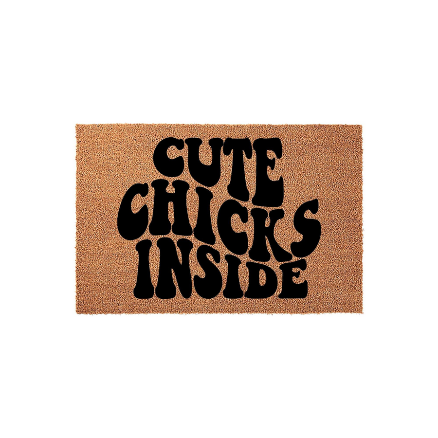 Cute Chicks Inside coir doormat featuring a natural brown fiber texture and bold, retro-style black lettering that creates a fun, welcoming entrance for your home, isolated against a clean white background for a clear product