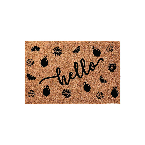 Hello lemon doormat featuring a natural coir fiber texture with a repeating pattern of black citrus fruit icons and the word hello written in a stylish script font across the center of this rectangular outdoor welcome mat for