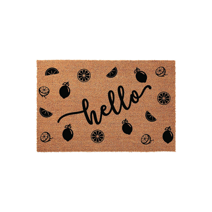 Hello lemon doormat featuring a natural coir fiber texture with a repeating pattern of black citrus fruit icons and the word hello written in a stylish script font across the center of this rectangular outdoor welcome mat for
