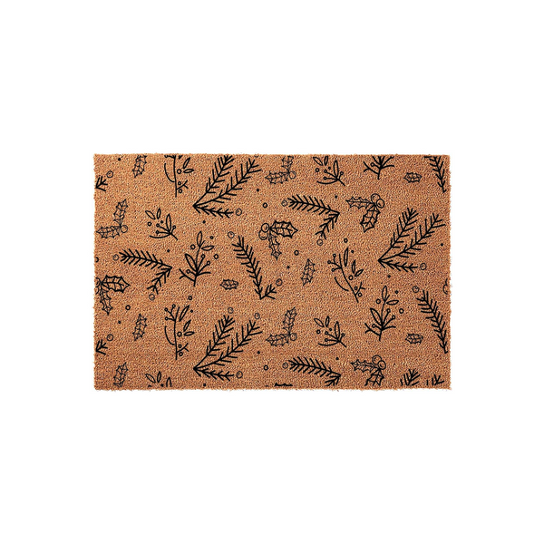 Christmas Holiday Coir Doormat featuring a festive black line art pattern of pine branches, holly leaves, and berries printed on a natural brown coconut fiber background, creating a seasonal entryway accent for your front porch