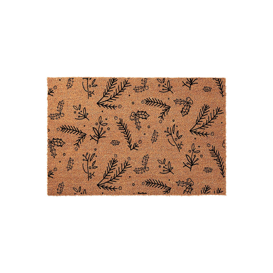 Christmas Holiday Coir Doormat featuring a festive black line art pattern of pine branches, holly leaves, and berries printed on a natural brown coconut fiber background, creating a seasonal entryway accent for your front porch