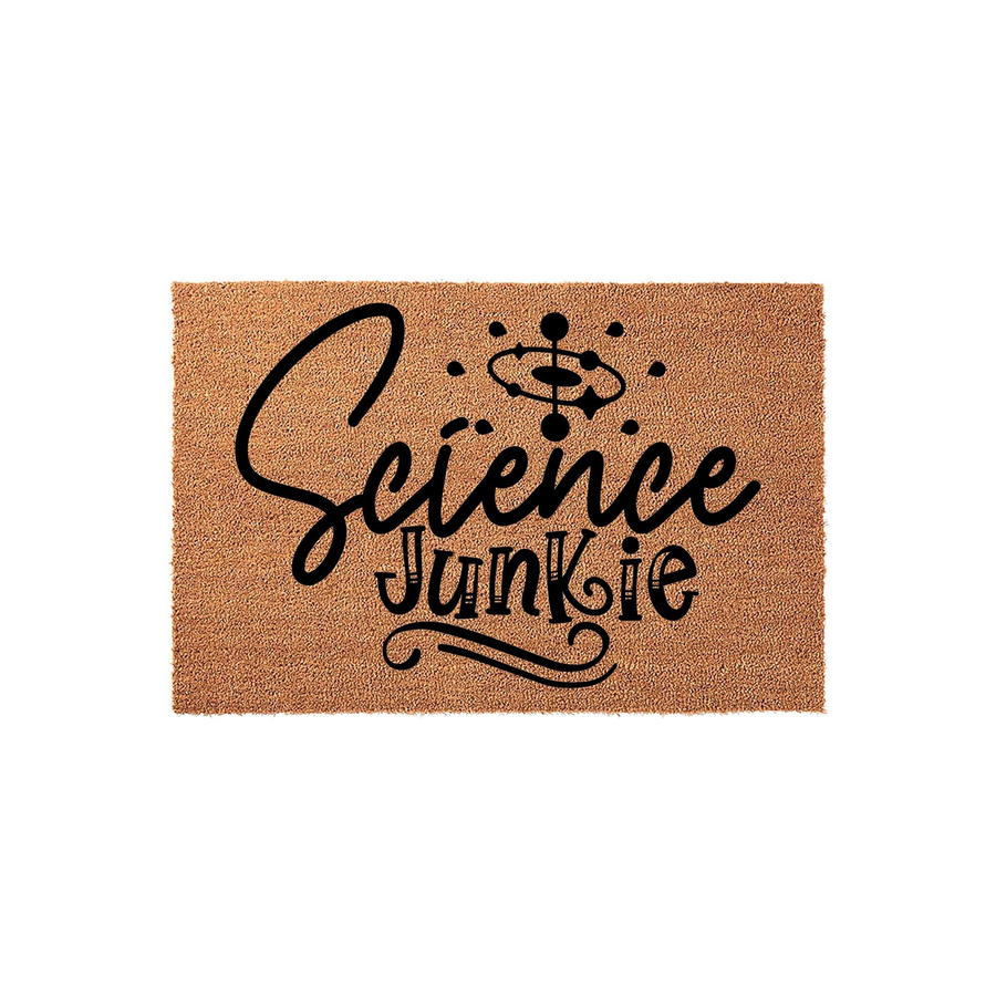 Science Junkie coir doormat featuring a natural brown fiber texture and bold black typography that reads Science Junkie, accented by a stylized atom graphic centered above the text on a clean, isolated white background.