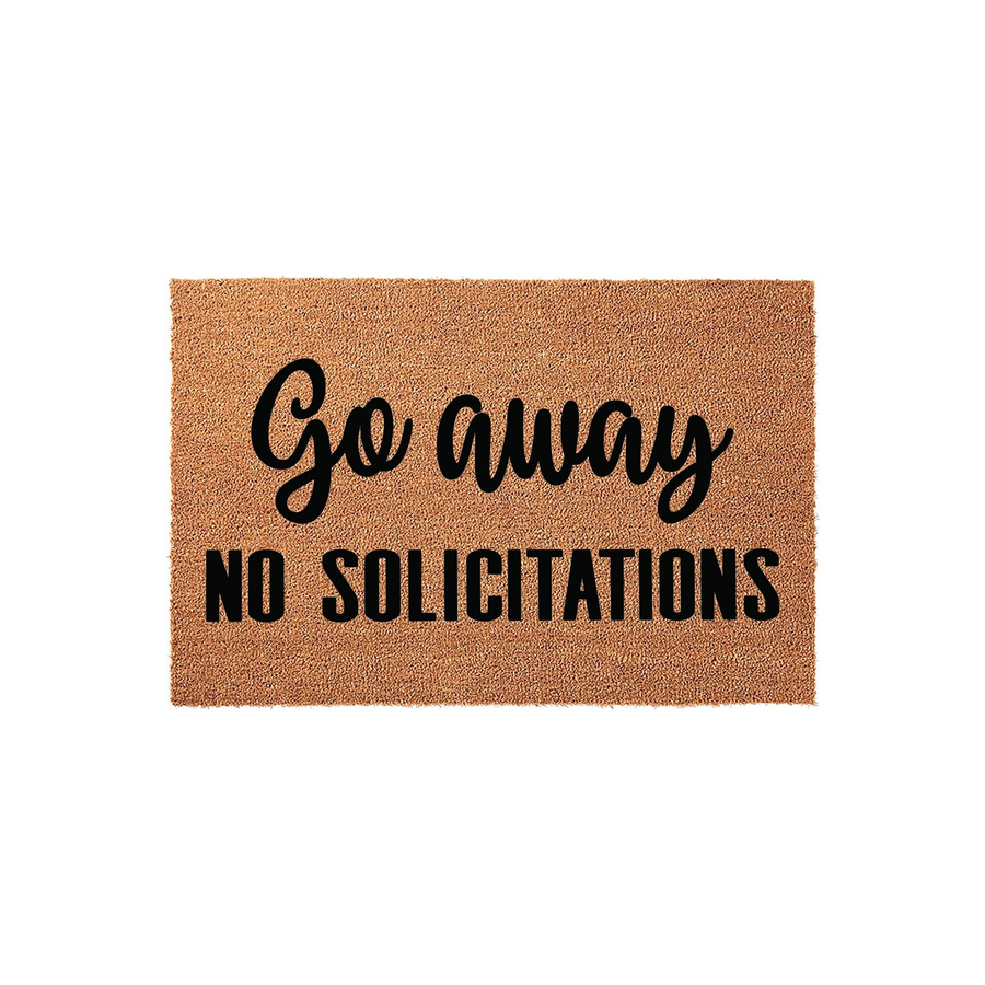 Go Away No Solicitations doormat made of natural coir fiber with a textured brown surface, featuring bold black lettering that clearly communicates a humorous message to visitors at your front door entrance.